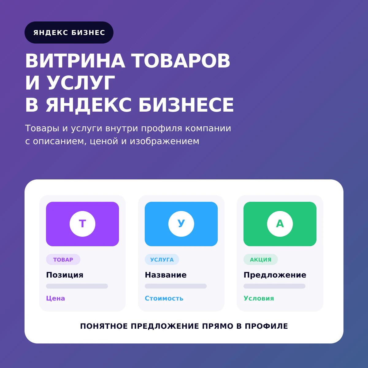 Витрина товаров и услуг в Яндекс Бизнесе: три позиции внутри профиля компании